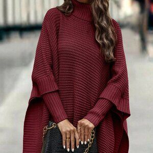 Red Preppy Womens Turtleneck Batwing Sleeve Poncho